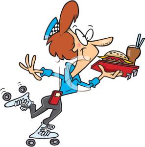 Waitress On Rollerblades Serving Food   Royalty Free Clipart Picture