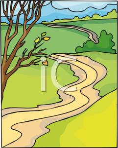 Winding Dirt Road Curving By A Bare Tree   Clipart