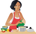 Beautiful Black Woman Cooking Spaghetti Royalty Free Vector Clipart
