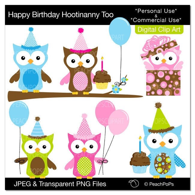 Birthday Owl Clip Art Digital Clipart Animal By Peachpopsclipart   5    