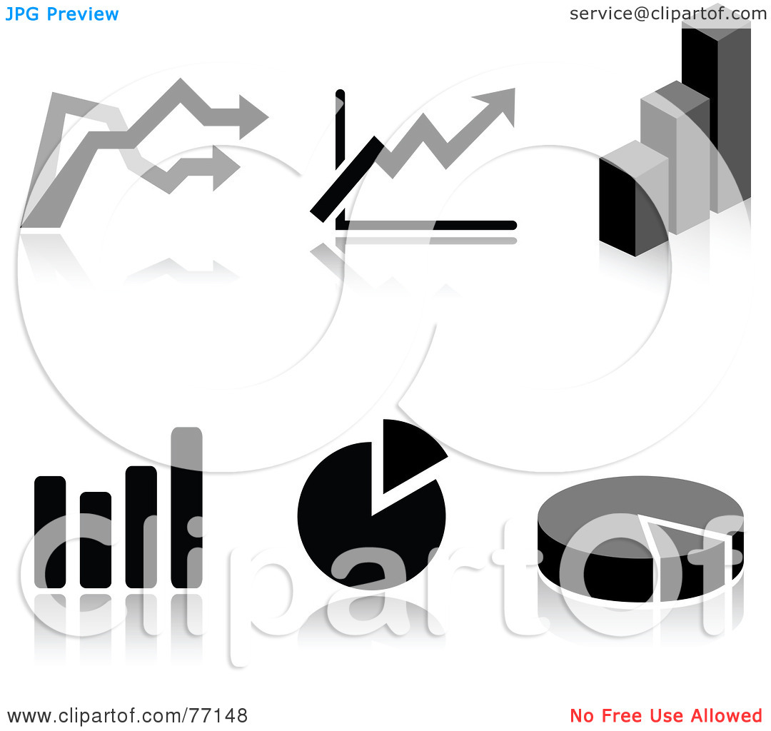 Black And White Arrow Pie And Bar Graph Icons With Reflections By