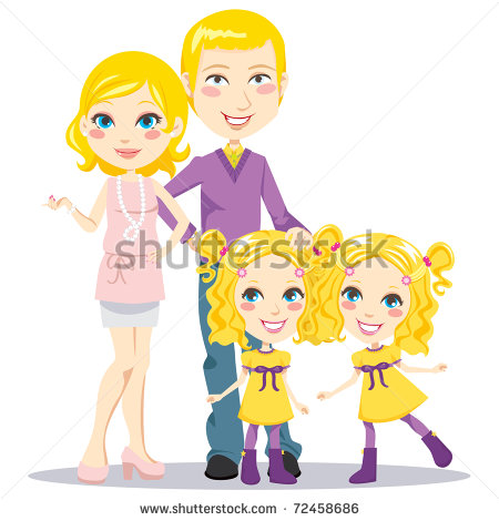Blonde Posh Parents With Twin Daughters Happily Smiling Together    