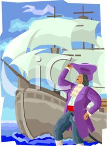 Cartoon Of An Early Explorer And A Ship   Royalty Free Clipart Picture