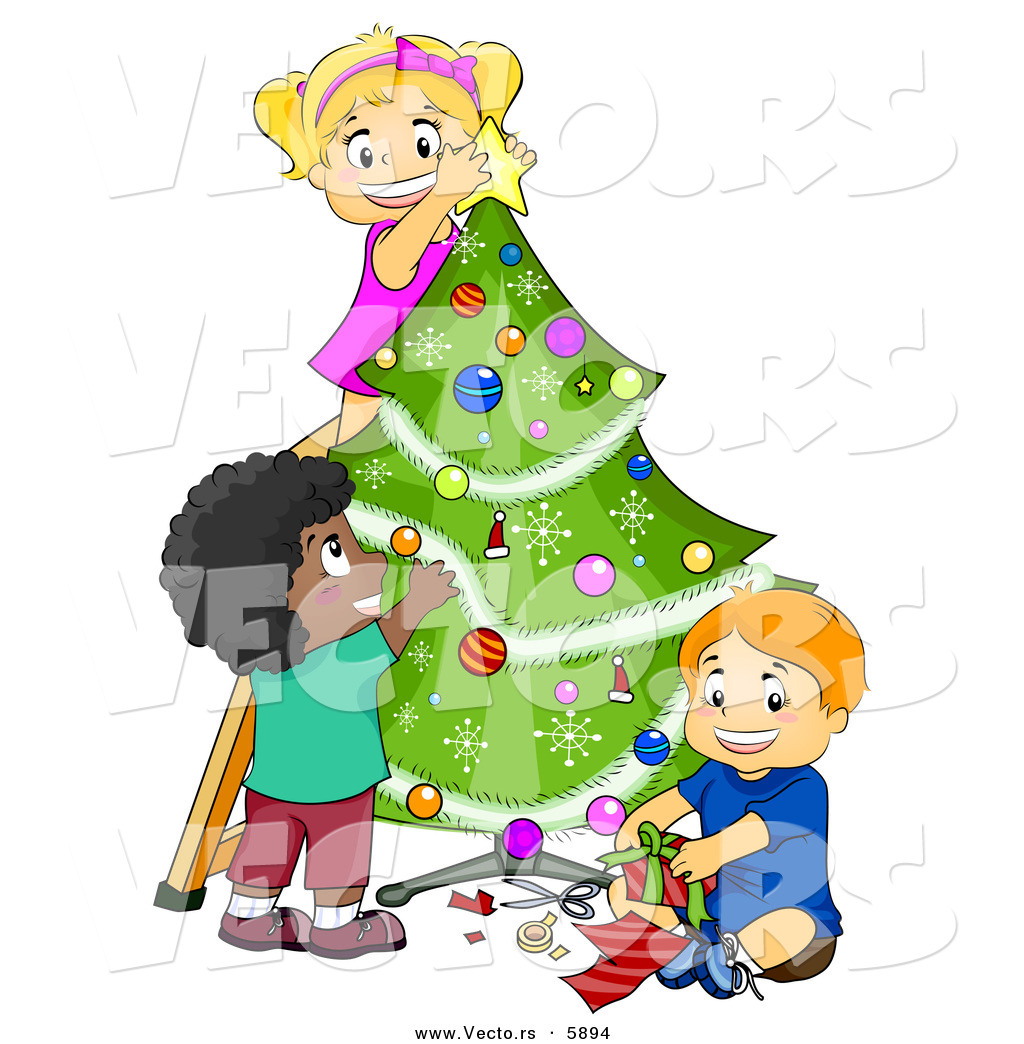 Cartoon Vector Of Happy Kids Decorating A Christmas Tree Together By