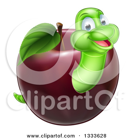 Clipart Of A Happy Green Worm Emerging From A Red Apple   Royalty Free