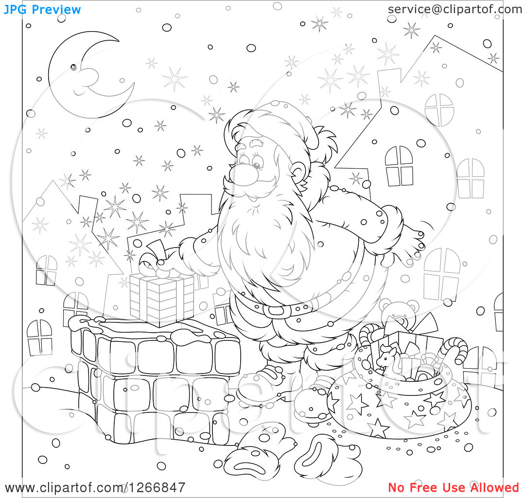 Clipart Of Black And White Santa Claus Putting A Gift In A Chimney On