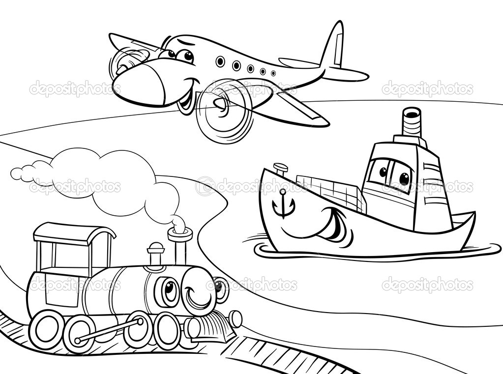 Plane Ship Train Cartoon Coloring Page   Stock Vector   Izakowski    