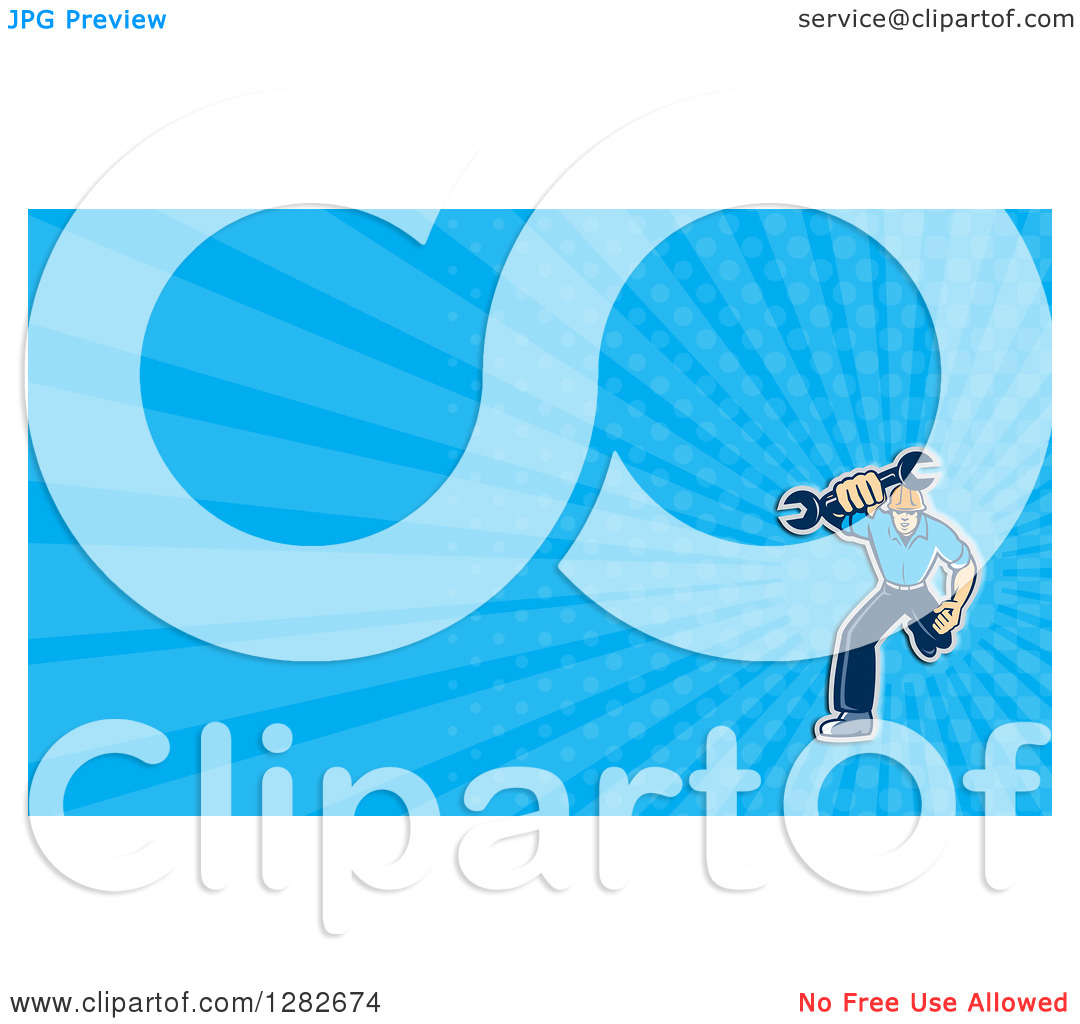 Running With A Wrench And Blue Rays Background Or Business Card Design