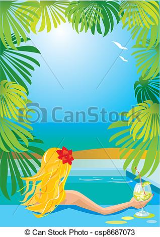 Vectors Of Border With Girl In Swimming Pool With Cocktail Portrait