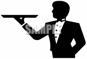 Clipart Of A Male Server Holding Up A Serving Dish