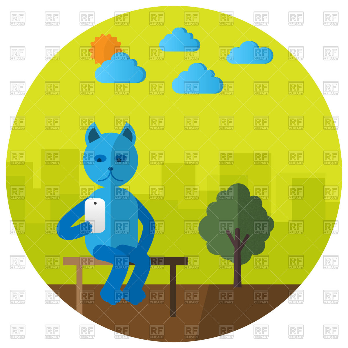 Cute Cartoon Cat With Smartphone In City Park Sitting On Bench