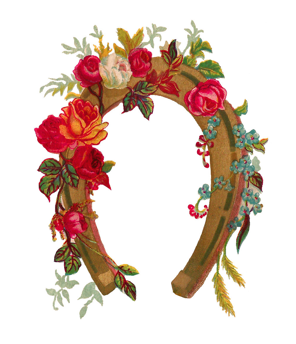     Graphic  Vintage Graphic Of Gold Horseshoe With Red And Pink Roses