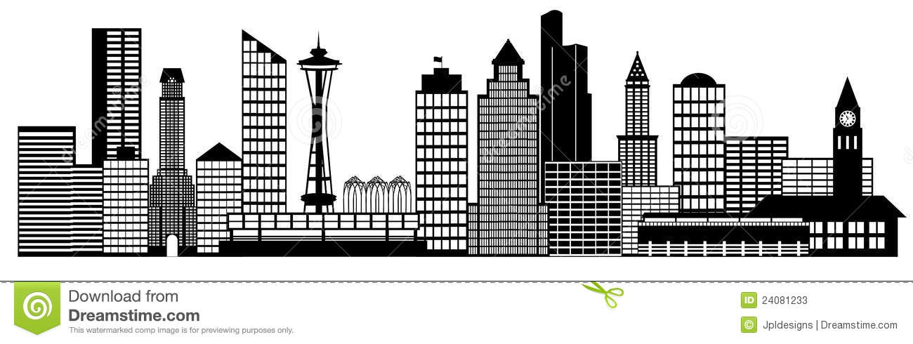 Seattle City Washington Skyline Panorama Black And White Silhouette