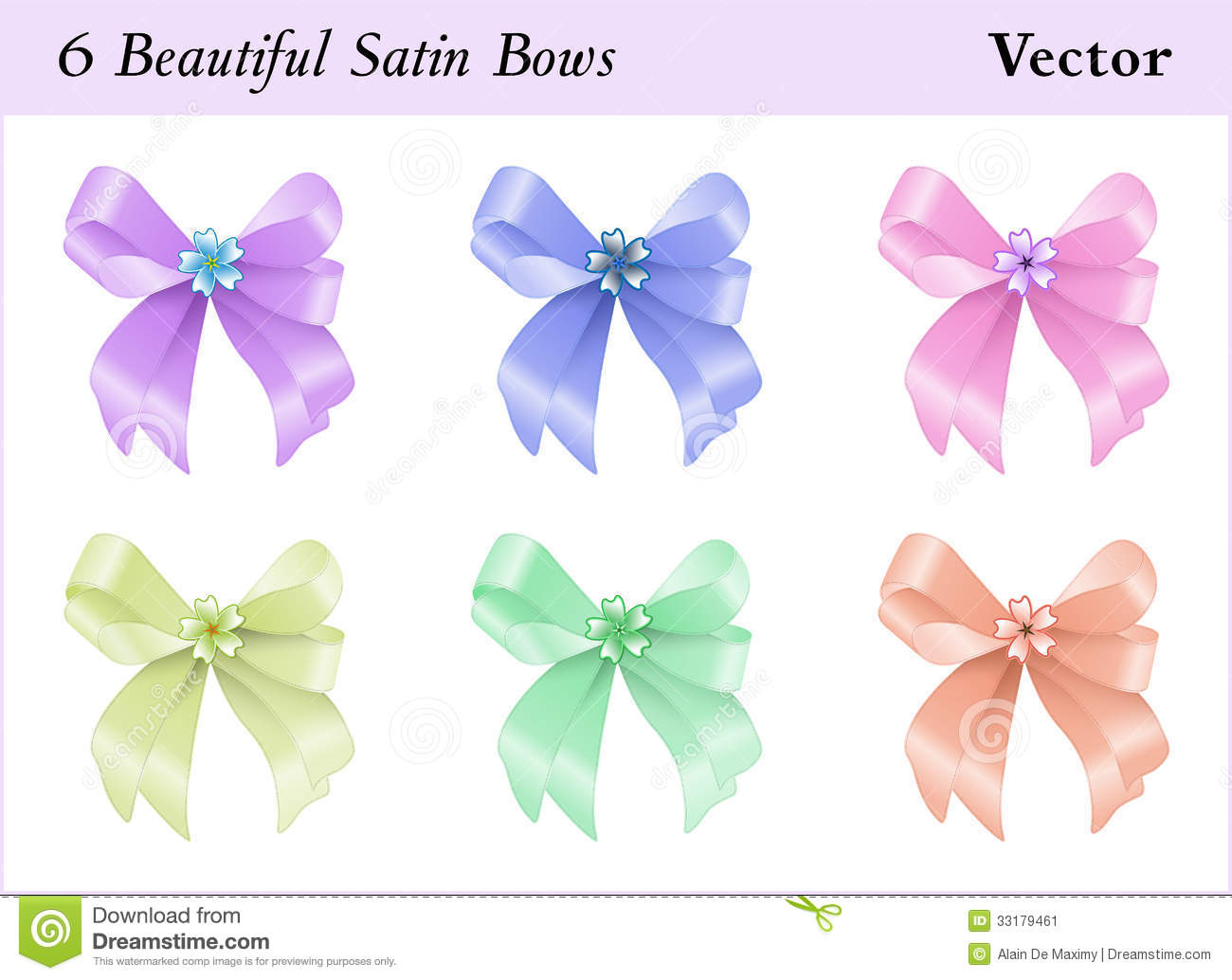Six Beautiful Colored Satin Bows With A Little Flower