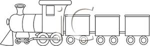 Black And White Cartoon Train Engine And Cars Royalty Free Clipart    