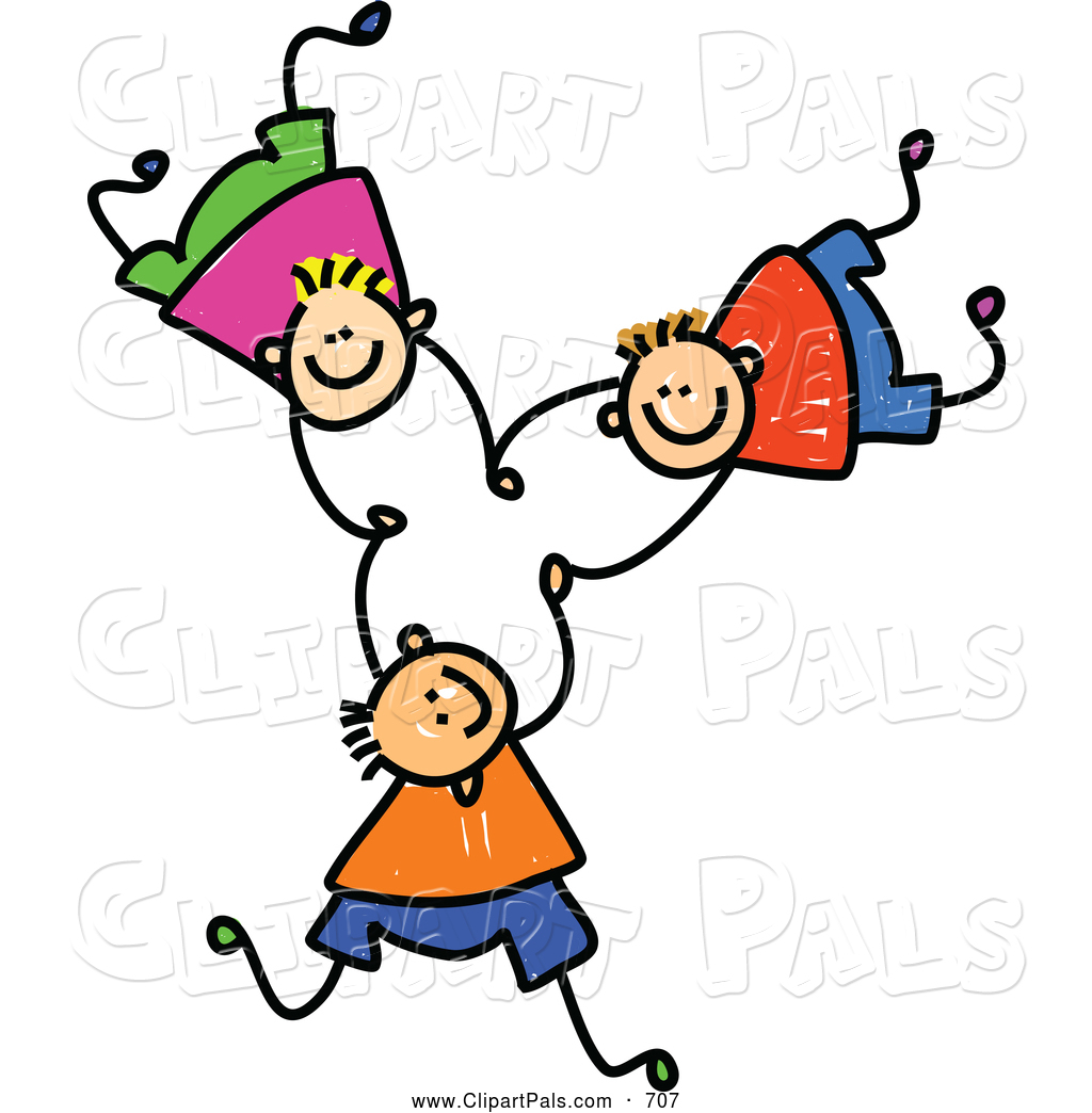 Clipart Of A Childs Sketch Of Three Cheerful Boys Falling And Holding