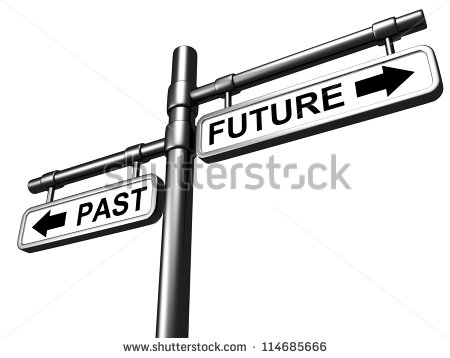 Past And Future Road Sign Pointing In Opposite Directions Stock