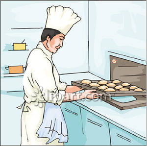 Pastry Chef Putting Puffs In The Oven   Royalty Free Clipart Picture