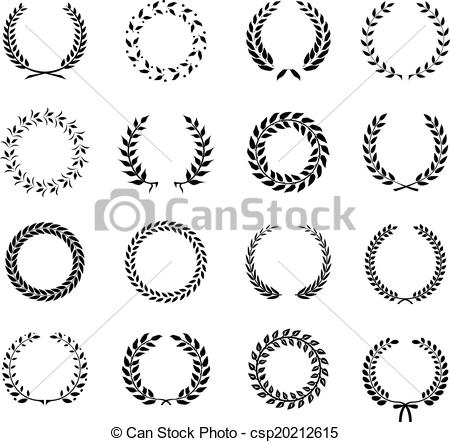 Set Of Black And White Silhouette Circular Laurel Foliate And Wheat    