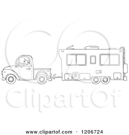 5th Wheel Camper Clip Art   Outlined Man Driving A Pickup Truck And