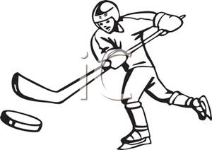 Black And White Cartoon Of A Hockey Player Hitting The Puck    