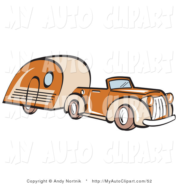 Clip Art Of An Orange Convertible Car Pulling A Matching Trailer By