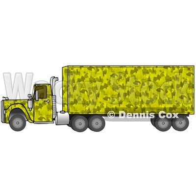Clipart Illustration Of A Yellow Camo Big Rig Truck Pulling A Matching