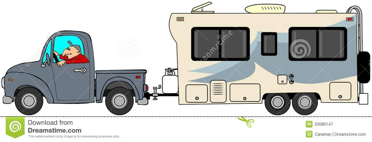 Depicts A Man Driving A Truck And Pulling A Standard Travel Trailer