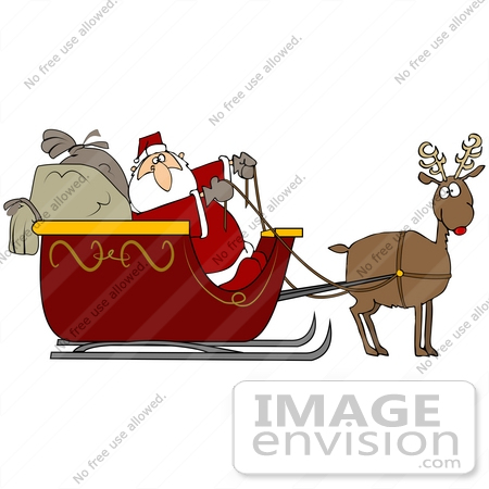     Santa And His Sacks In A Sleigh Being Pulled By His Reindeer Rudolph