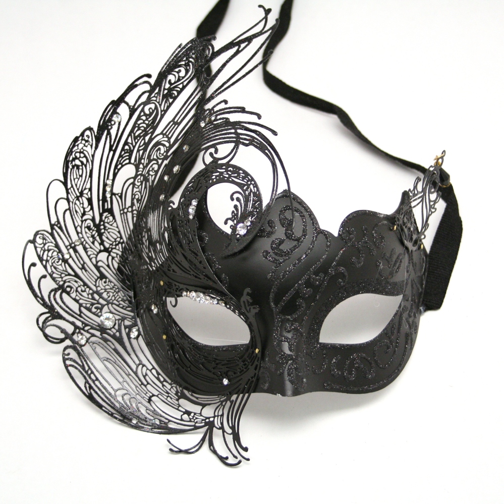 Black Venetian Swan Metal Half Mask