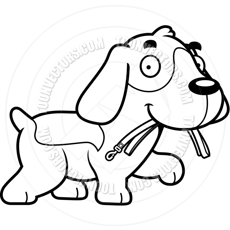 Cartoon Beagle Dog Leash  Black And White Line Art