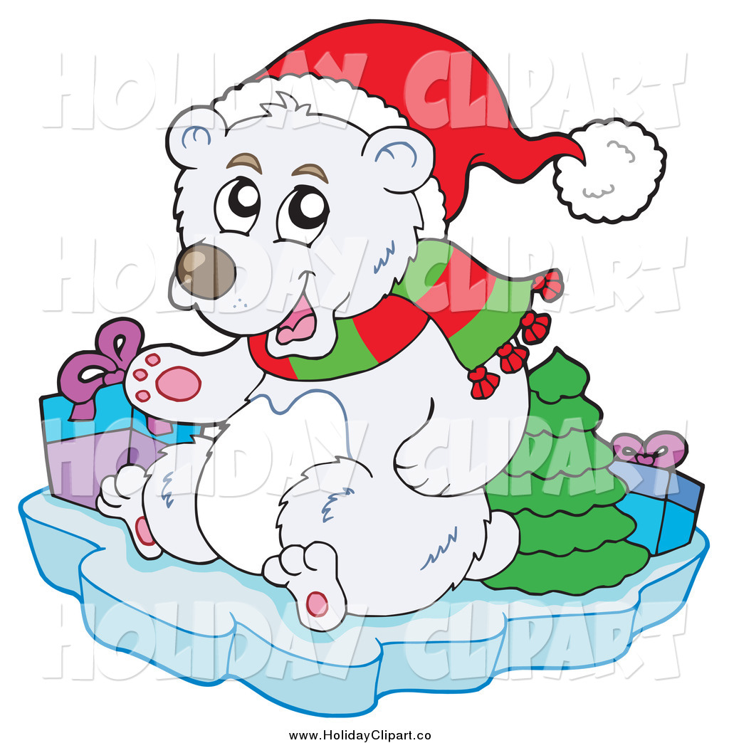     Clip Art Of A Christmas Polar Bear With Gifts And A Tree On An Iceberg