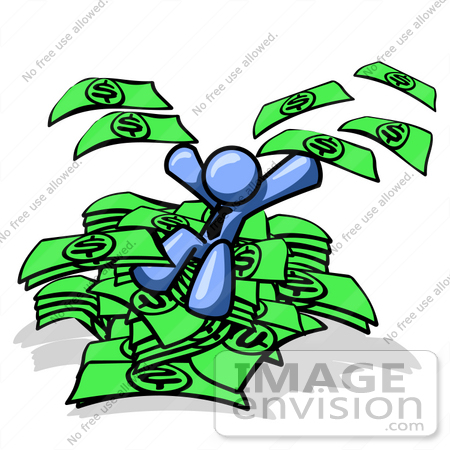 Free Clipart Of A Blue Guy Character On A Pile Of Cash Throwing Money