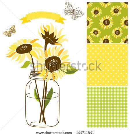 Glass Jar Sunflowers Ribbon Butterflies And Cute Rustic Seamless