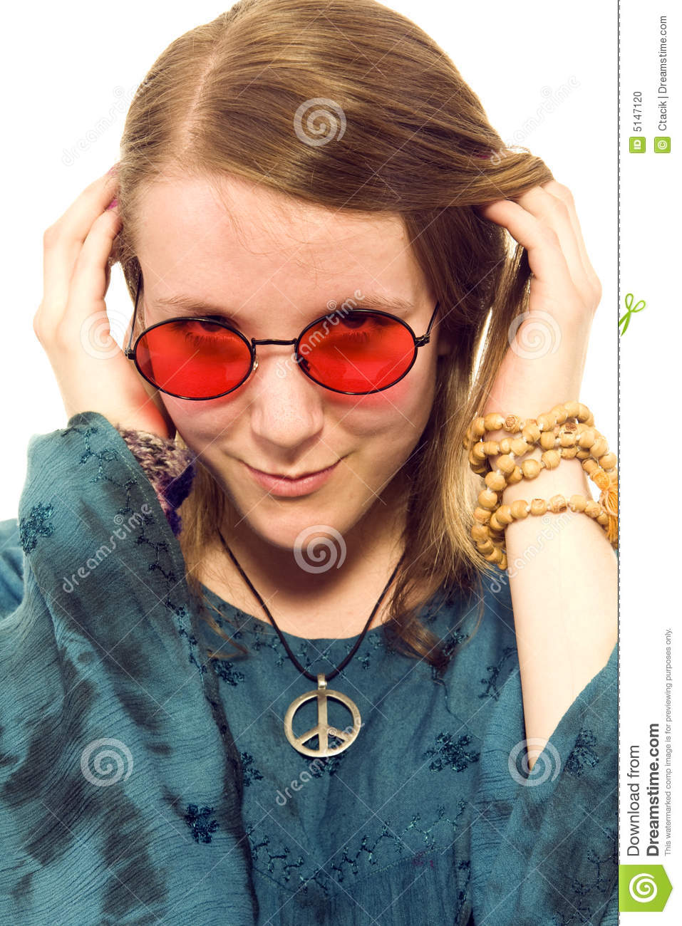 Hippie Girl Wearing Red Eyeglasses  White Background