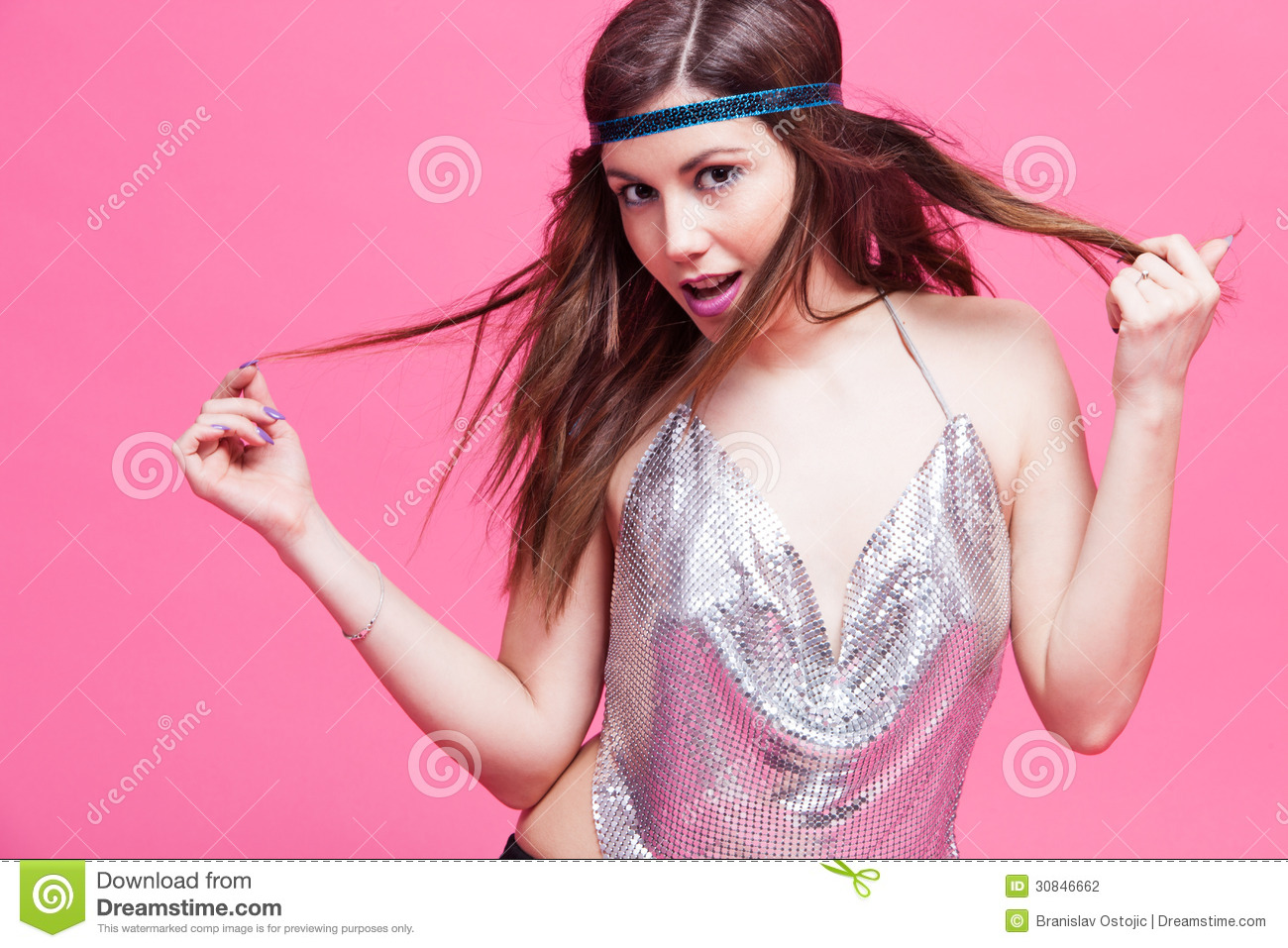 Smiling Young Woman In Hippie Style Studio Shot Pink Background