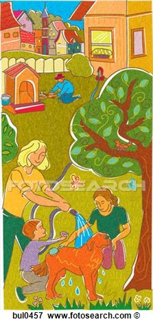 Stock Illustration Of A Family Giving Their Dog A Wash In The Backyard