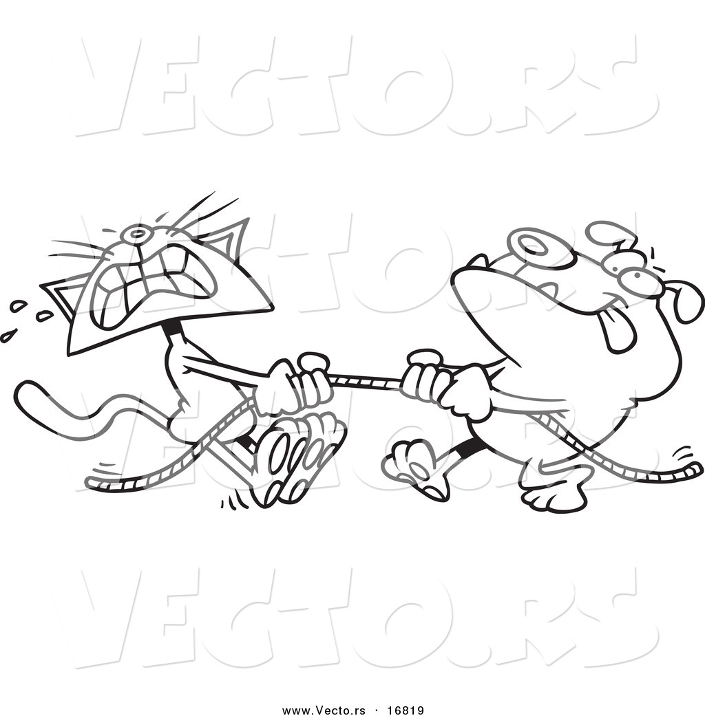 Vector Of A Cartoon Bull Dog And Cat Playing Tug Of War Coloring Page
