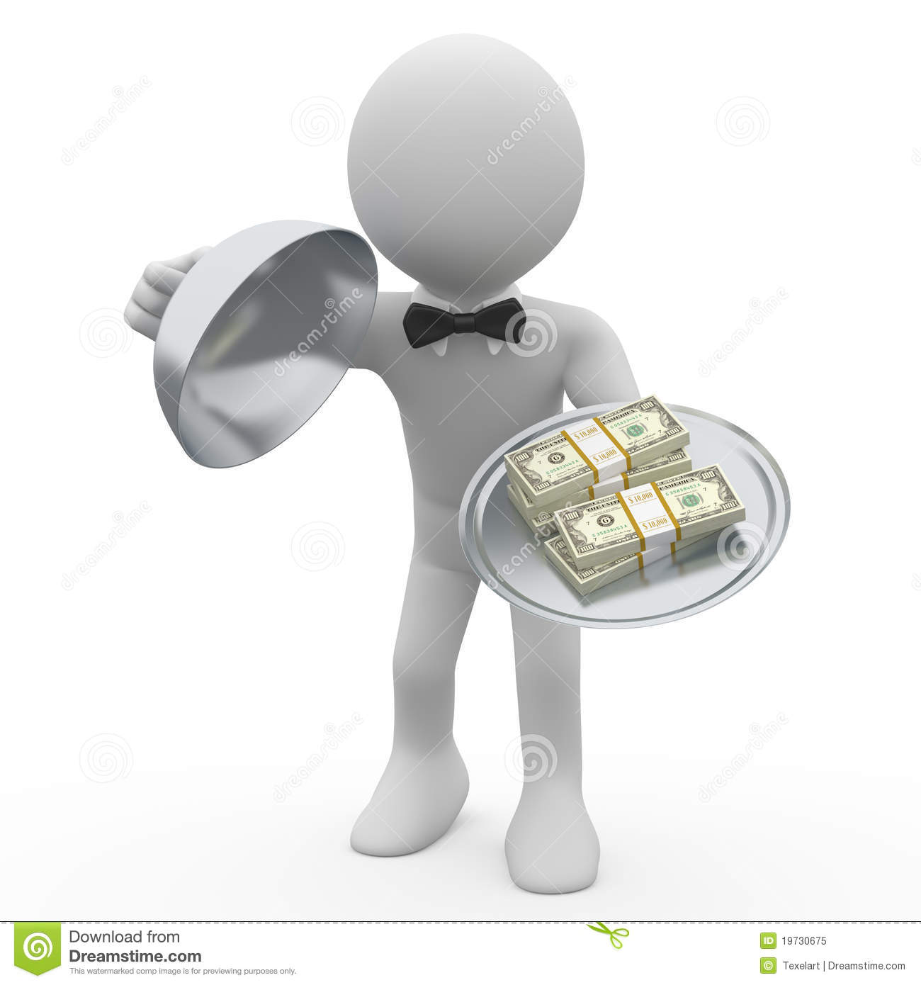 Waiter Serving Tray Five Wads Of Dollars  He Wears Bow Tie  Rendered