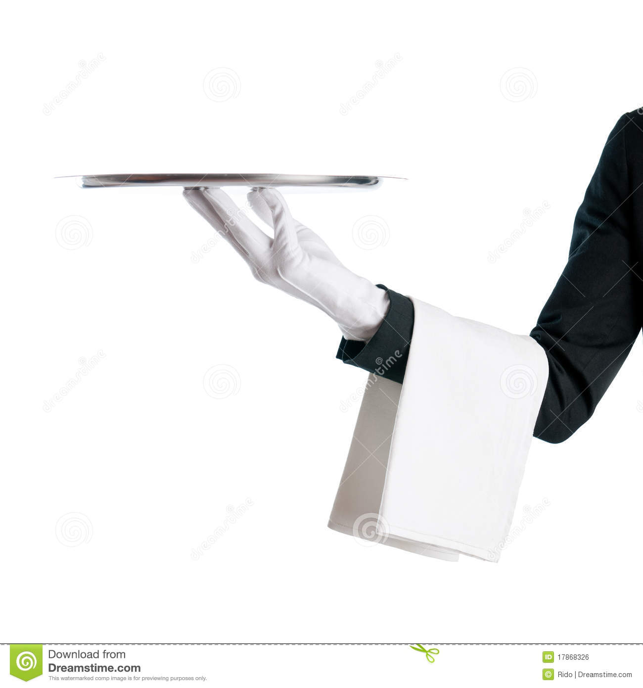 Waiter Serving With Stainless Tray Isolated On White Background