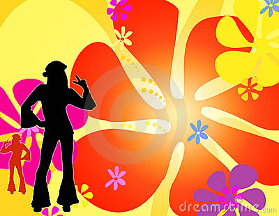 With Colourful Flowers And A Couple Of Silhouette Hippie Girls Dancing