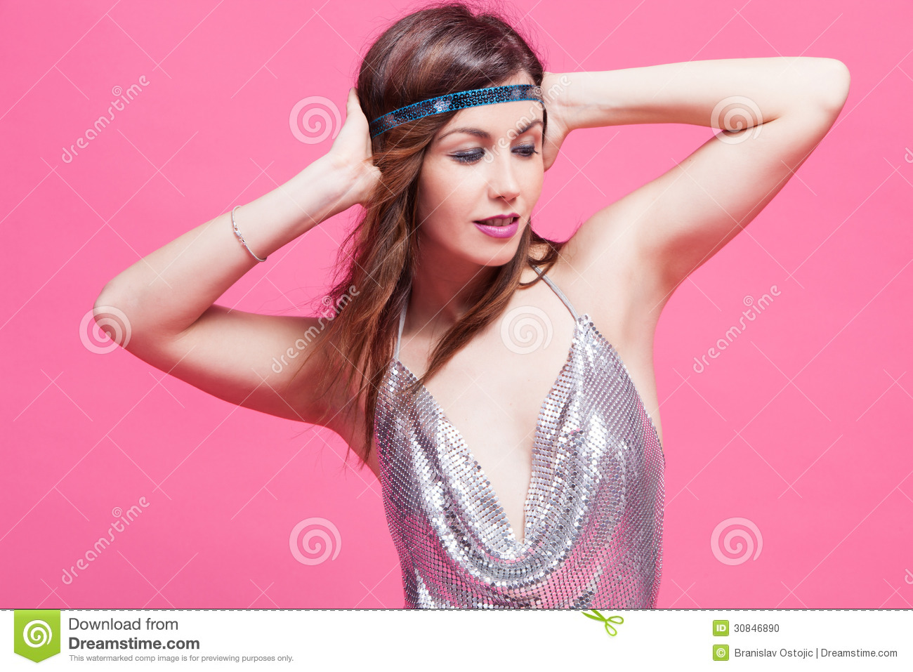 Young Woman In Hippie Style Dance Studio Shot Pink Background