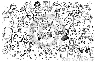 Black And White Drawing Of Busy Market Cartoon Royalty Free Stock