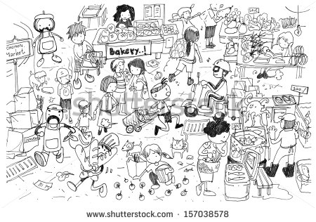 Black And White Drawing Of Busy Market Cartoon Stock Photo 157038578