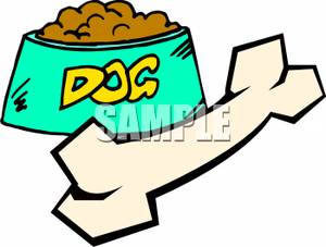 Bone Laying Next To Bowl Of Dog Food   Royalty Free Clipart Picture