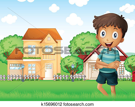     Boy Standing In Front Of The Neighborhood View Large Clip Art Graphic