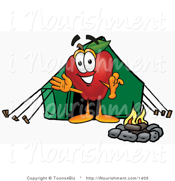 Clipart Of A Cute And Sporty Red Apple Character Mascot Camping With A    
