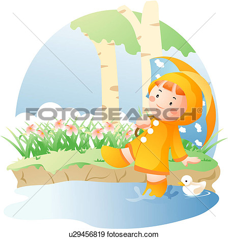 Illustration Of Duck Child Umbrella Raincoat Girl Grove Human