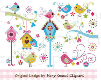 Little Birds Birdhouse Clipart Digi Tal Illustration Set