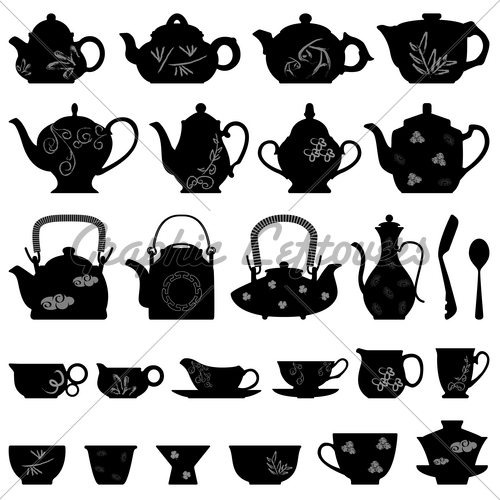 Set Of Chinese Tea Pots And Tea Cups In Silho   